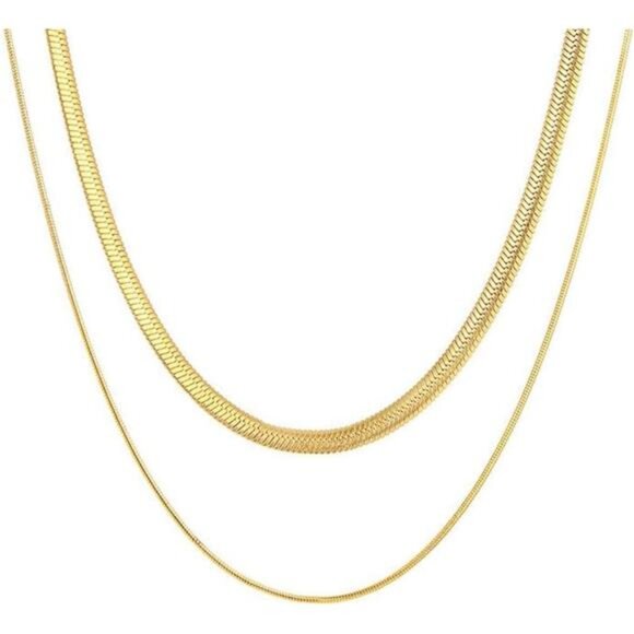18K Gold Plated Herringbone Necklace Set | Layered Chain Choker for Women - Picture 3 of 4